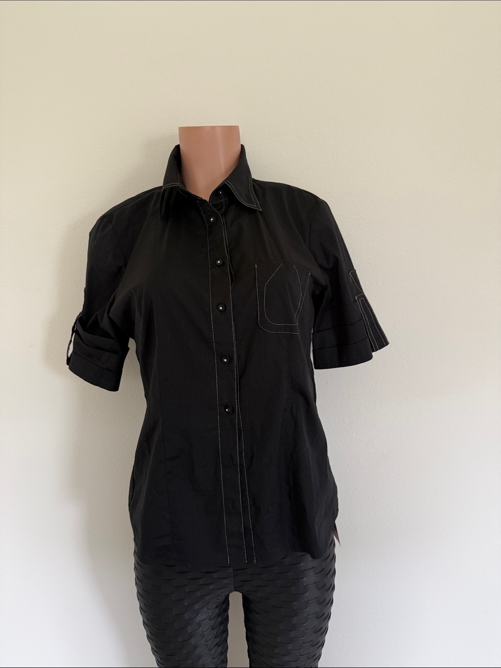 Women's Black Short-Sleeve Button-Down Shirt with Contrast Stitching